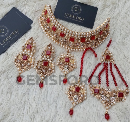 Conjunto de joyas asiáticas indias paquistaníes polki gargantilla collar pendientes oro Jhummar - Imagen 3 de 7