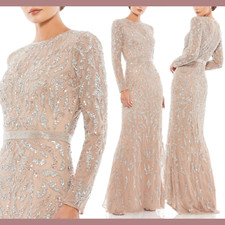 NWT $598 Mac Duggal [ 10 ] Beaded Long Sleeve Evening Gown in Mocha #Q755
