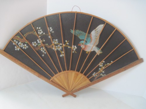 Vintage Japanese Fans Decorative Wall Hangers Hand Painted Bamboo & Linen - Picture 4 of 16
