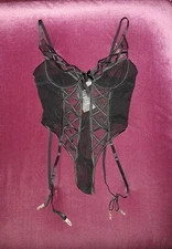 NWT Forplay Cross My Path Bodysuit Teddy Medium Sheer Black Strappy Garters  