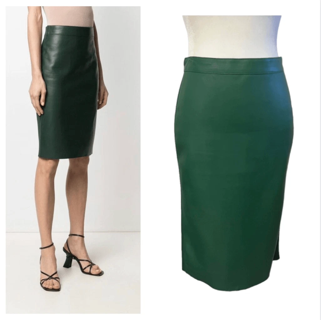 Dark green leather store pencil skirt