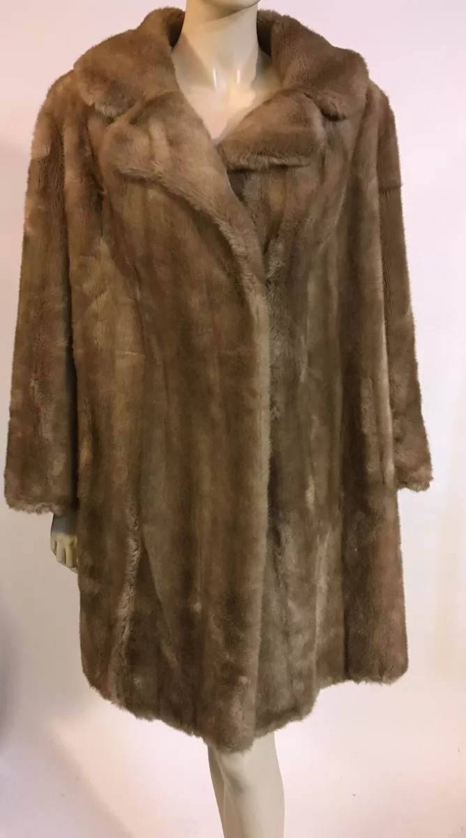 60s Vintage Tissavel Natural Light Brown Faux Fur Coat Jacquard Satin Lining M/L 60s tissavel faux fur coat