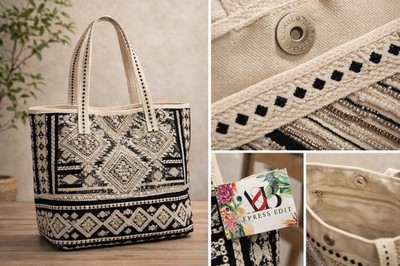 Express Edit Beaded Geometric Tote Bag Black Beige Canvas NWT