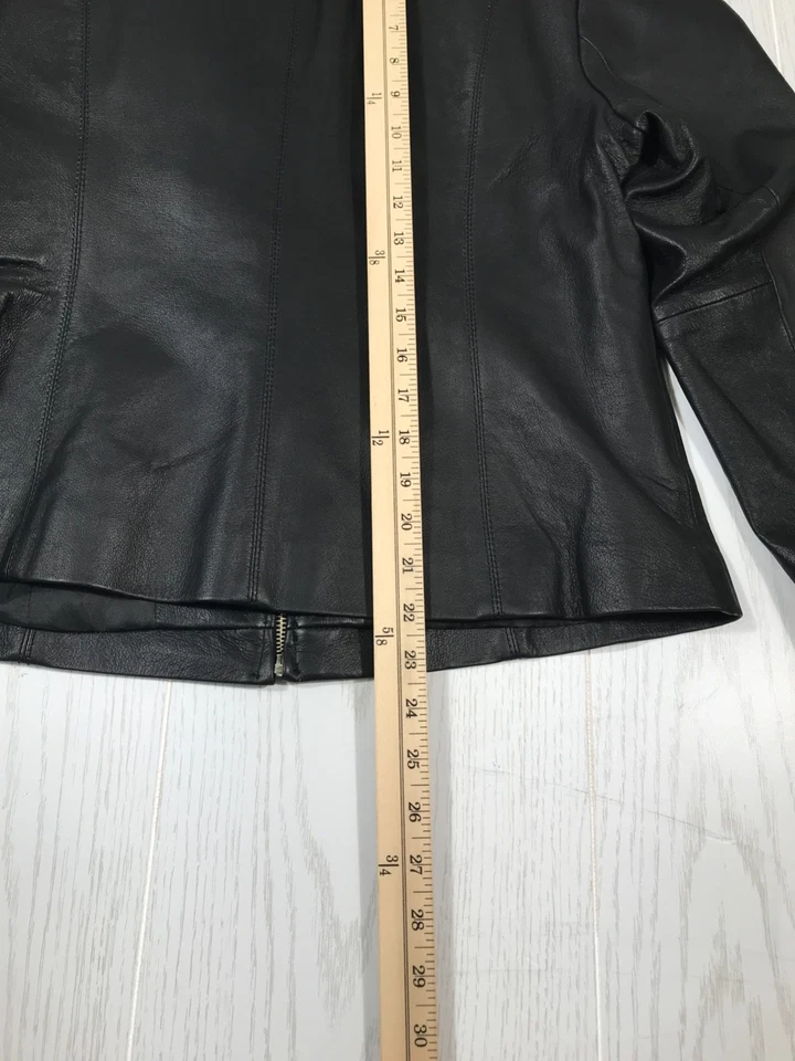 Chaqueta de Cuero Newport News De Colección Mujer 14 Negra Cremallera Completa Forrada Cuello Redondo Años 90 Foto 3 de 4