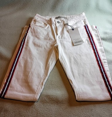 NEW ZARA Basic Z1975 Denium White Jeans Sz 4 Side Red/Grn Stripe Skinny Stretch