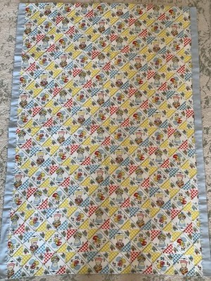 Vintage Handmade Baby Quilt Holly Hobbie Style 1960s Nursery Blanket Cottage 70s
