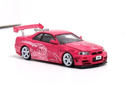 TM 1:64 JDM Pink Skyline GTR R34 Racing Sports Model Diecast Metal Car