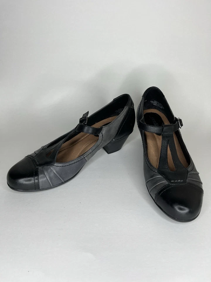 Earth Wanderlust T Strap Pumps Heel Women's Sz 7.5D Black Gray Adjustable Buckle - Image 2 of 4