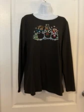 Time And Tru Women’s Black Snowman Embellished Long Sleeve Tee Size XL -B26