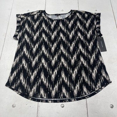 A.U.W Blouse Womens 2X Black Geometric Cap Sleeve Button Shoulder Stretch NWT