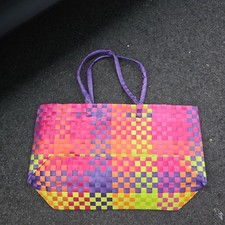 Multicolor Basket Weave Woven Rainbow Beach Tote Shopping Bag pink bold purple