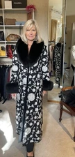 LOUISE KENNEDY UK L Wool Coat Black White Embroidered Flower Fur Cuff & Collar