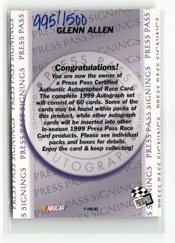 Firmas de pase de prensa Glenn Allen 1999 autógrafo 995/1500 - Imagen 2 de 2