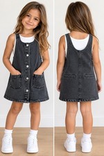 Zara Girls Black Denim Button Front Pinafore Dress Size 4-5 Years