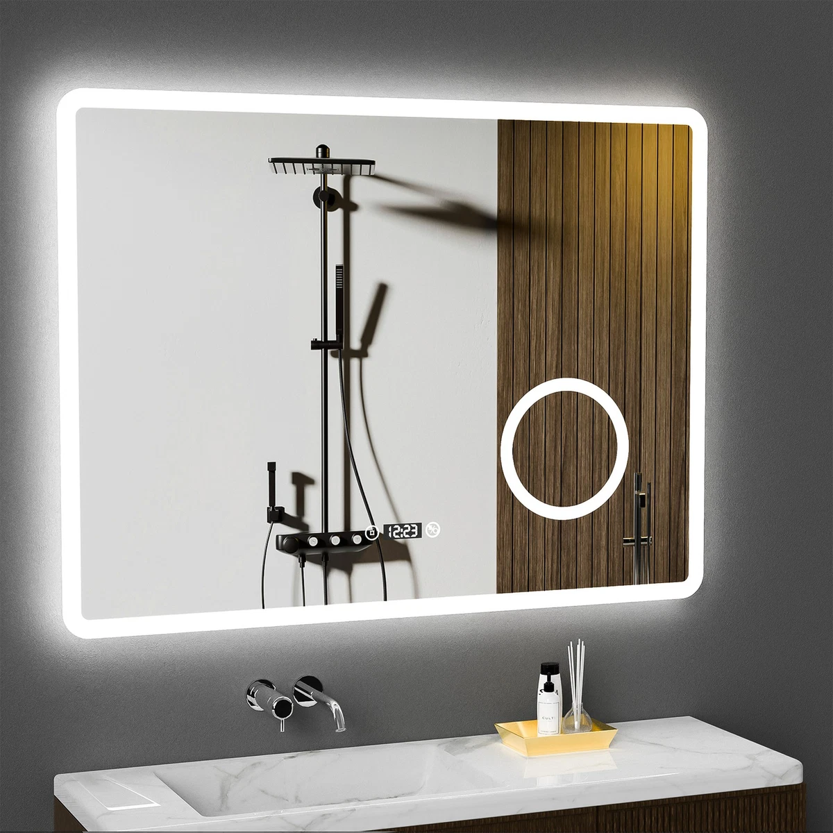 Badspiegel mit LED Beleuchtung 3 Lichtfarben Dimmbar Uhr Touch Bad 80X60CM Neu