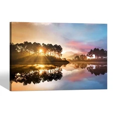 Lake Landscape Canvas Wall Art: Nature Scenic Artwork Forest Scene Picture Su...