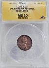 1953 1C MS 69 Error Lincoln Wheat Cent,  Die Chips Reverse Error Coin,  25C...