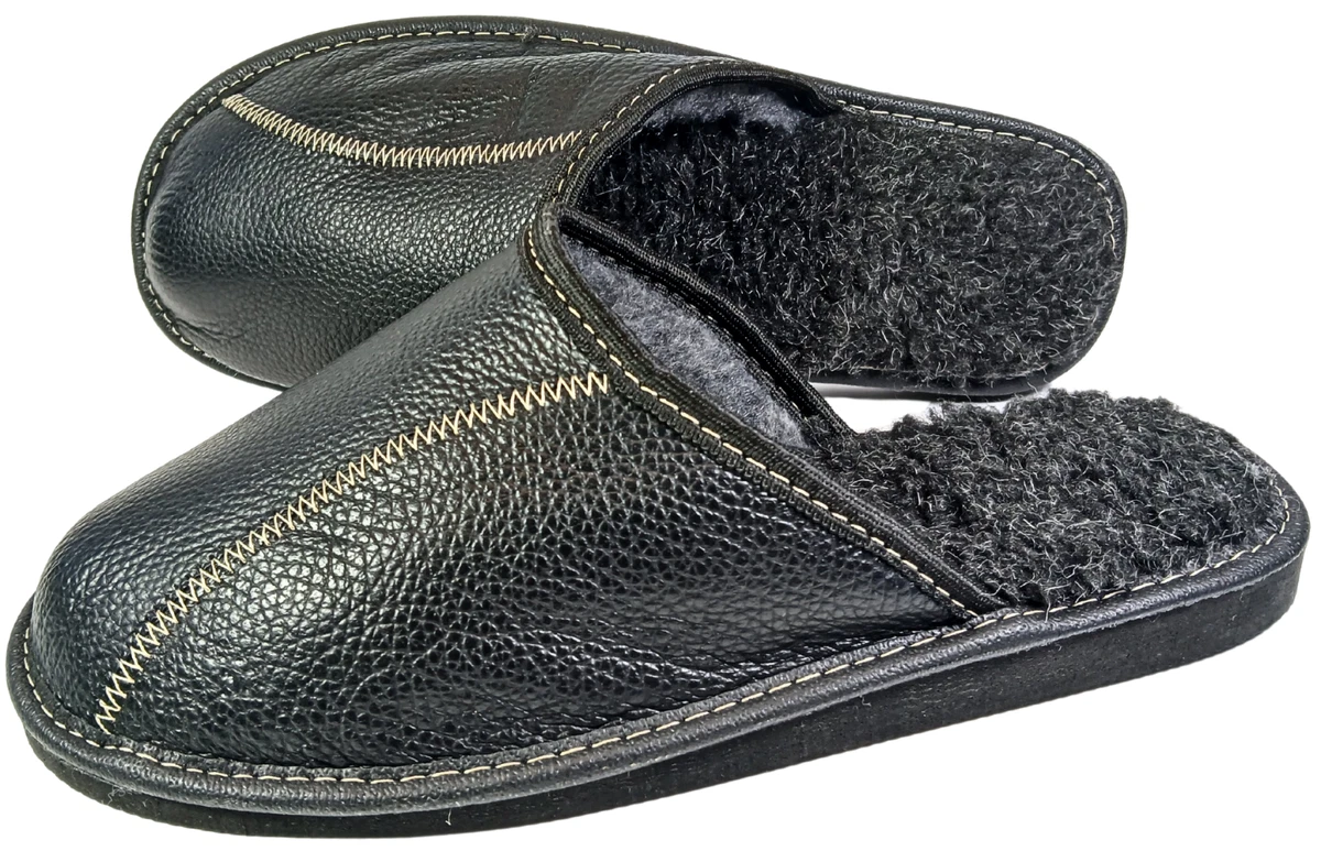 Herren Leder Hausschuhe Schwarz Schafwolle Pantoffeln Schaffell Warme Gr.40-47