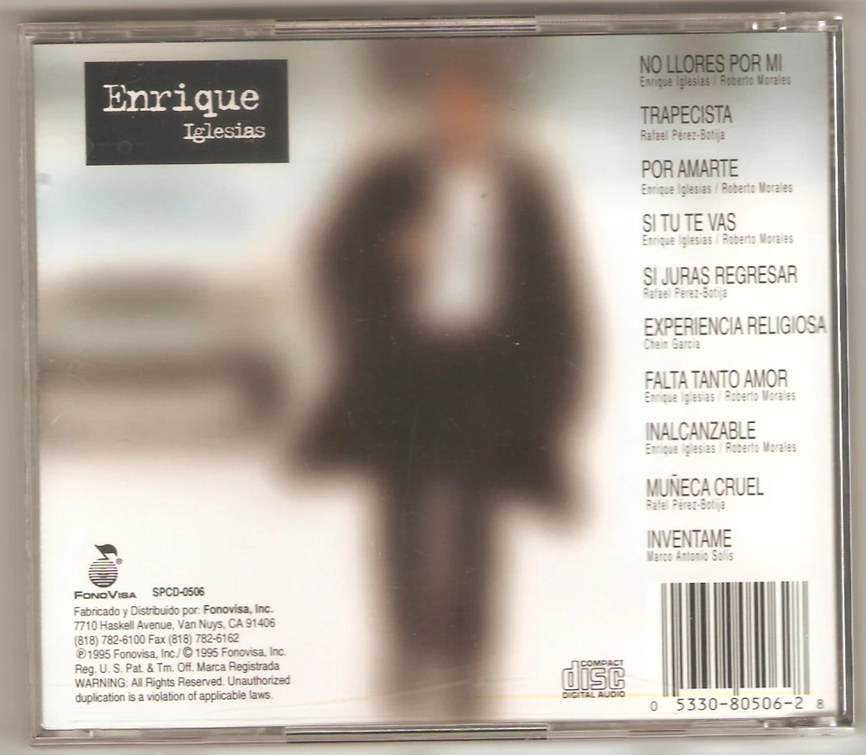 ENRIQUE IGLESIAS SELF TITLED FONOVISA-0506 1995 CD IN JEWEL CASE VG+ Foto 2 de 3