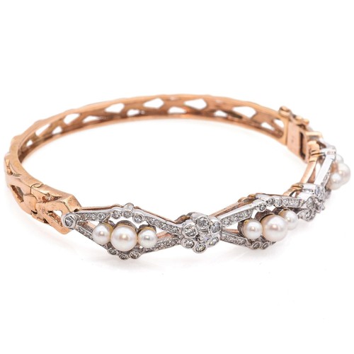 Vintage White and Yellow Gold Pearl & 0.55 TCW Diamond Hinged Bangle Bracelet - Picture 3 of 8