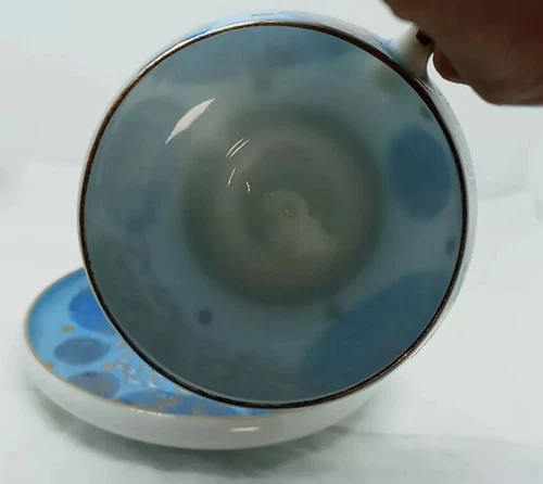 Vtg. Rare H.P Geisha Aqua Blue Chrysanthemum Coffee Cup Ornate W Gold Accents