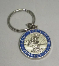 St Christopher Rides a Yamaha Motorcycle Key Chain Medal Blue