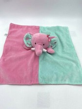 Okie Dokie Hugs Pink Aqua Elephant Baby Security Blanket Rattle Satin Back