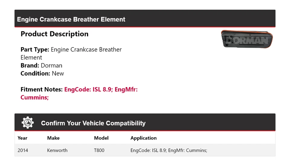 Elemento respirador cárter motor Kenworth T800 Dorman 2014 Foto 2 de 4