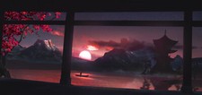 Landscape art drawing sunset sun mountains boat lake Custom Gaming Mat Desk