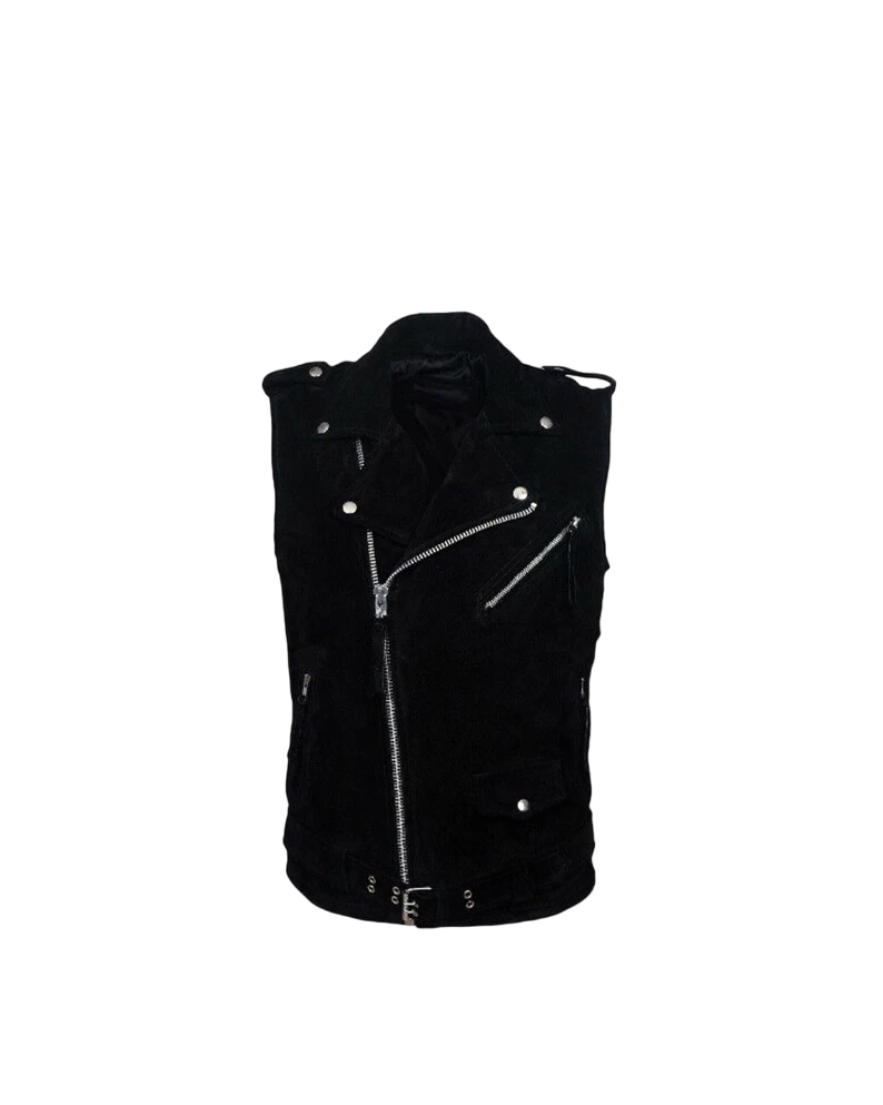 New Black Color Waist Coat with Zipper and Belt Genuine Suede Vest coat For Men