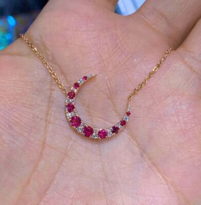 1Ct Round Lab Created Ruby Women's Lovely Crescent Moon Pendant 14KYellow  Plated