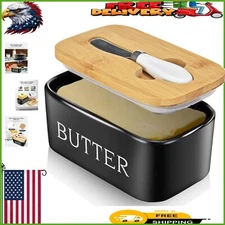 Elegant Polished Black Ceramic Butter Dish with Lid and Knife - 6.38 x 3.94 in