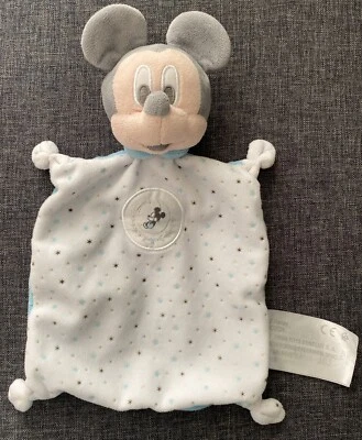 3763🌟Doudou Plat Mouchoir Mickey Blanc Bleu Gris Argent Etoiles Disney Nicotoy - Photo 1/2