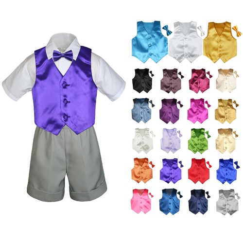 4pc Set Boy Toddler Formal Vest and Bow tie Lt GRAY Shorts set S-4T - Picture 4 of 27