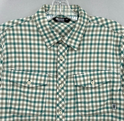 Outdoor Research Shirt Mens Medium Green Check Seersucker Button Up Outdoor Hike
