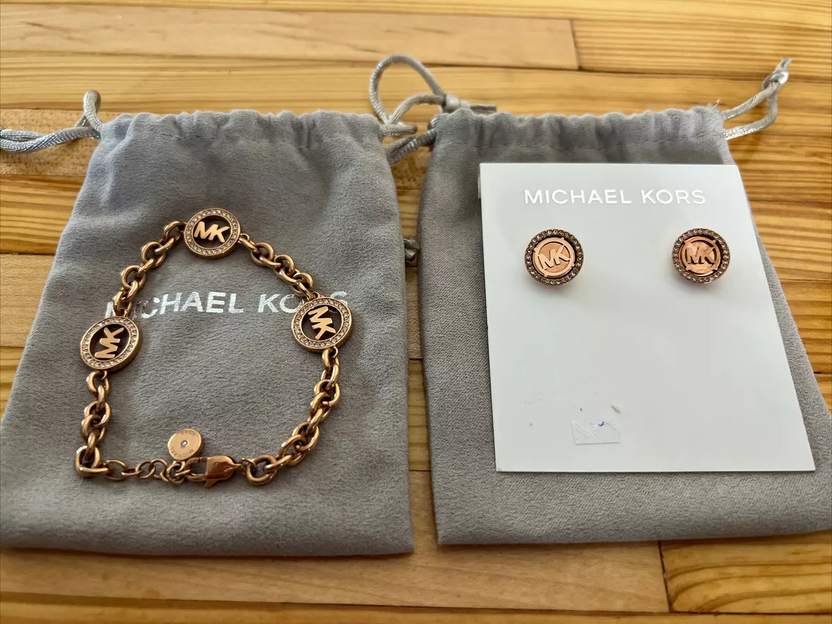 Michael Kors Rose Gold MK Logo Link Bracelet And Earrings