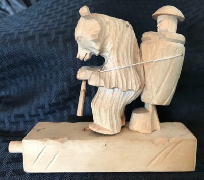 Antique Wooden Mechanical Bear Carrying Asian Man in a Pot