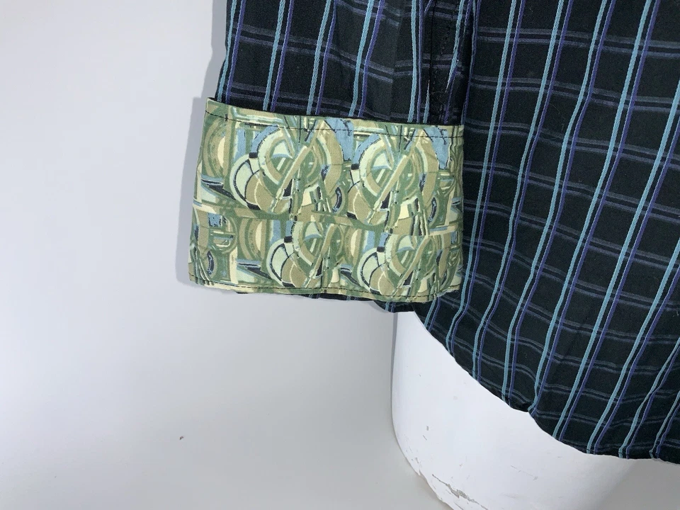 Camisa J. Garcia Abotonada Puño Abatible XL Hombres Negro Azul Algodón a Cuadros YGI W4-29 Foto 4 de 4