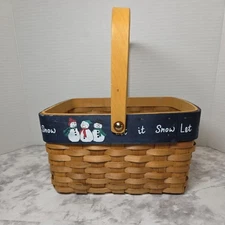 Christmas Wicker Snowman Rectangle Basket Handle Let It Snow Navy Blue Holiday  
