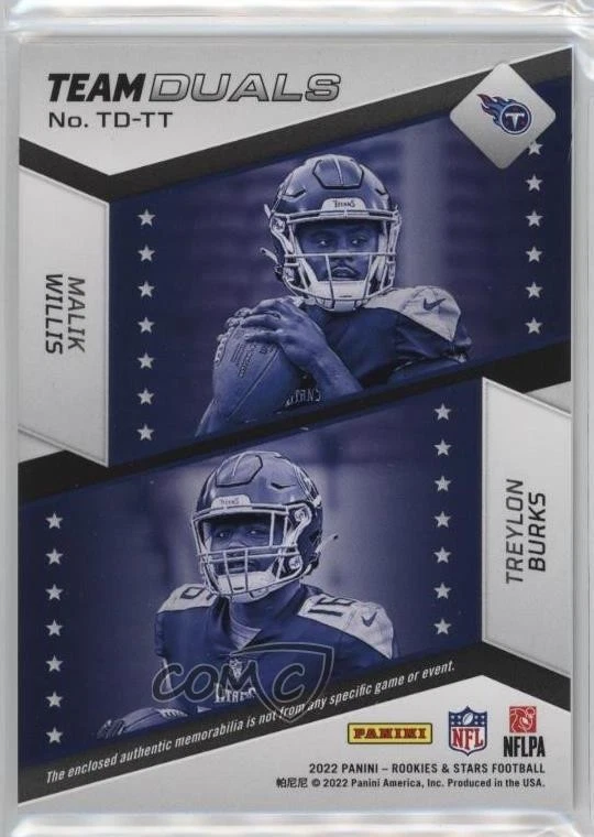 2022 Panini Rookies & Stars Team Duals /249 Malik Willis Treylon Burks #TD-TT RC - Image 2 of 2