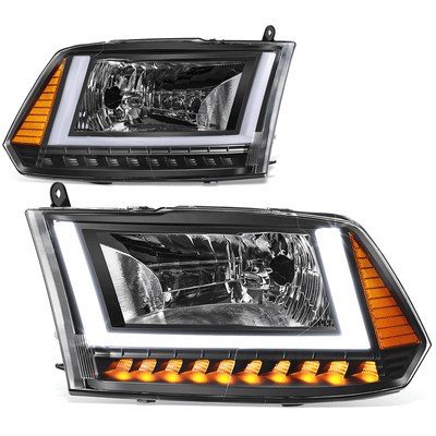 Fit 09-24 RAM 1500 Black/Amber U-LED DRL DRL Sequential Turn Signal Headlights