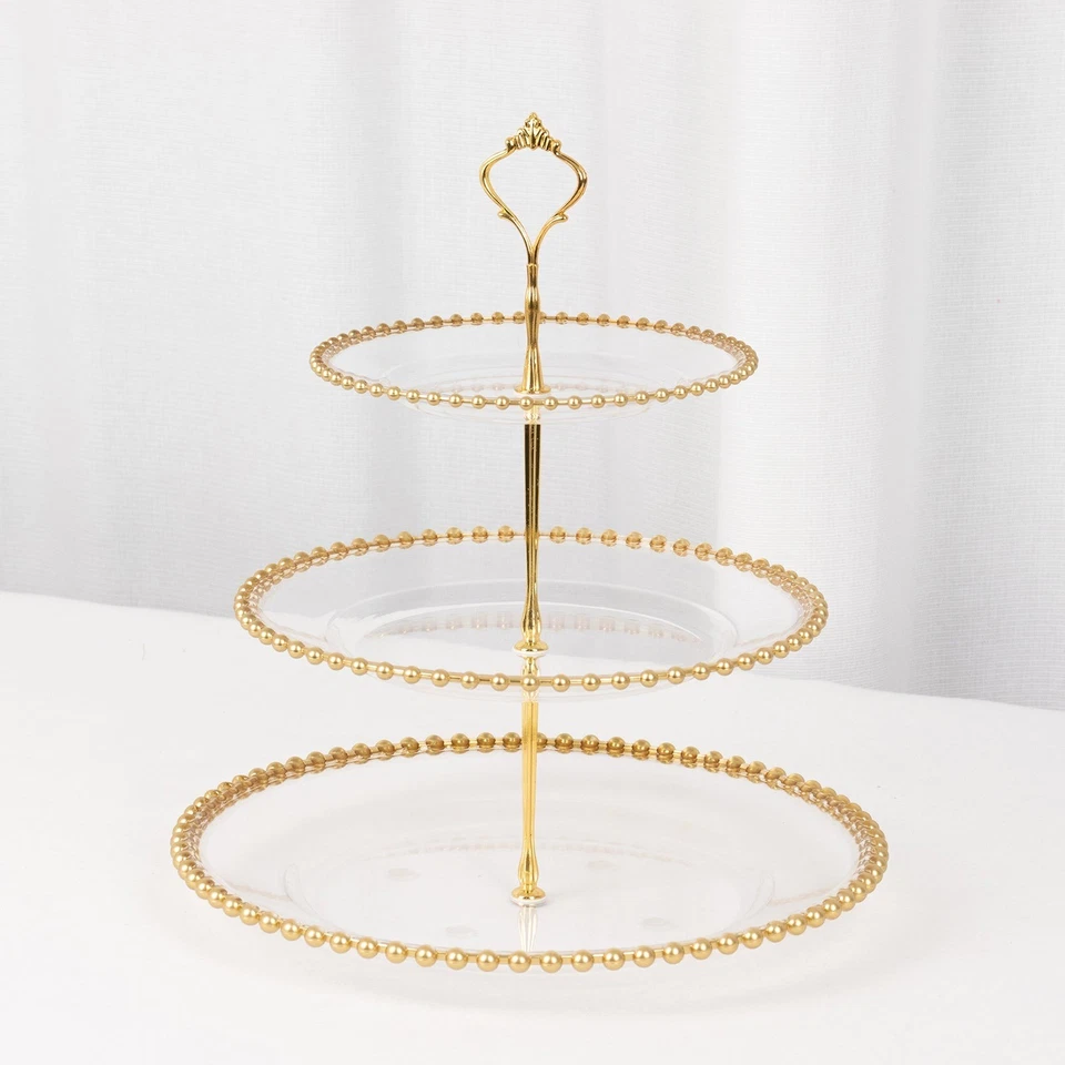 Clear Gold 3-Tier 14" Round Plastic Cupcake Tower Stand Beaded Rim Party Events - Image 3 of 4