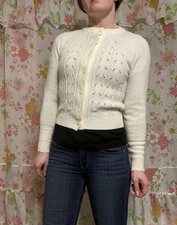 Vtg 1950s Hand Loomed Cardigan Sweater-White Rockabilly Pinup Small So Cute