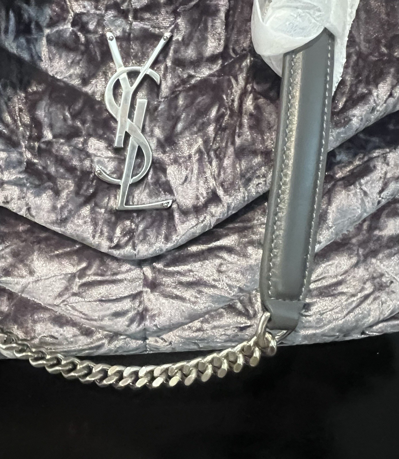 SAINT LAURENT SPLENDIDA BORSA YSL LOU LOU PUFFER S D_FROISSE' IN VELLUTO GRIGIO FERRO NUOVA CON ETICHETTE