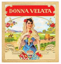 ORIGINAL 1900 CIGAR BOX LABEL ANTIQUE DONNA VELATA ORNATE EMBOSSING LADY