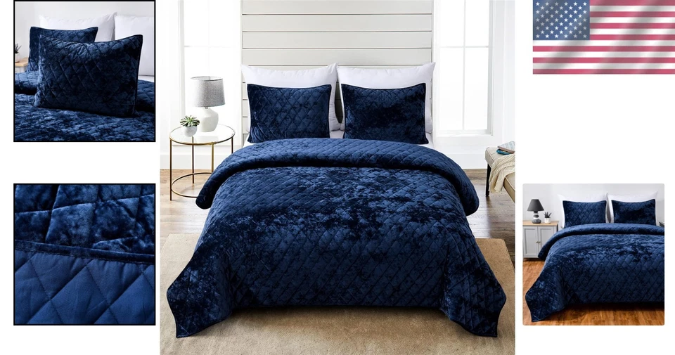 Navy King Quilt Set, 3-Piece Distressed Velvet & Microfiber - Image 2 of 4