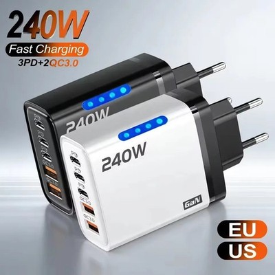 240W GaN Schnellladegerät USB C Ladegerät 5-in-1 3xPD 2xUSB Fast Charger für iPh