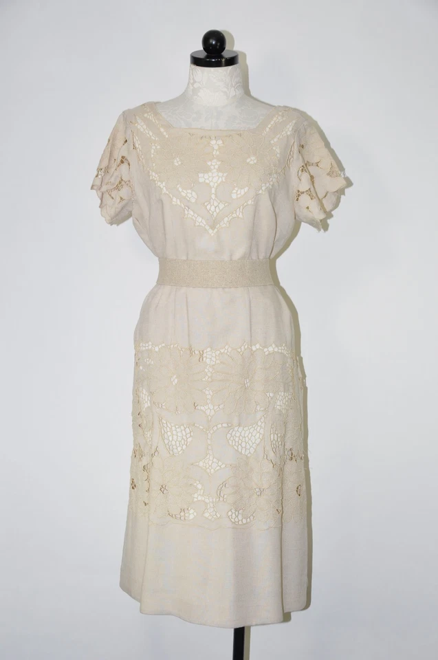 Vestido recto vintage años 60 beige lino calado bordado manga corta mujer L XL Foto 2 de 4
