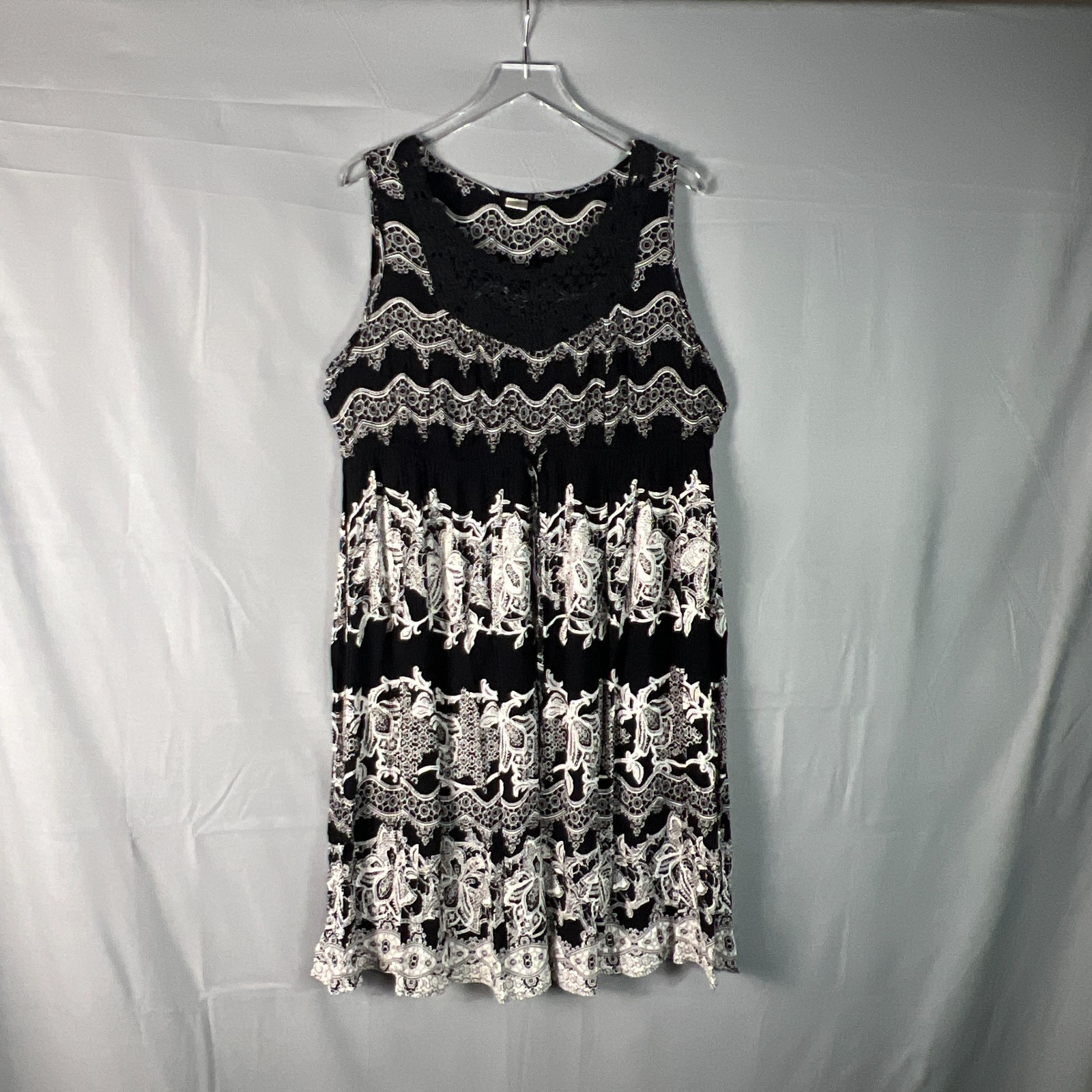 Bila Sundress Womens XL Black White Damask Print Crochet Scoop Neck Sleeveless-image