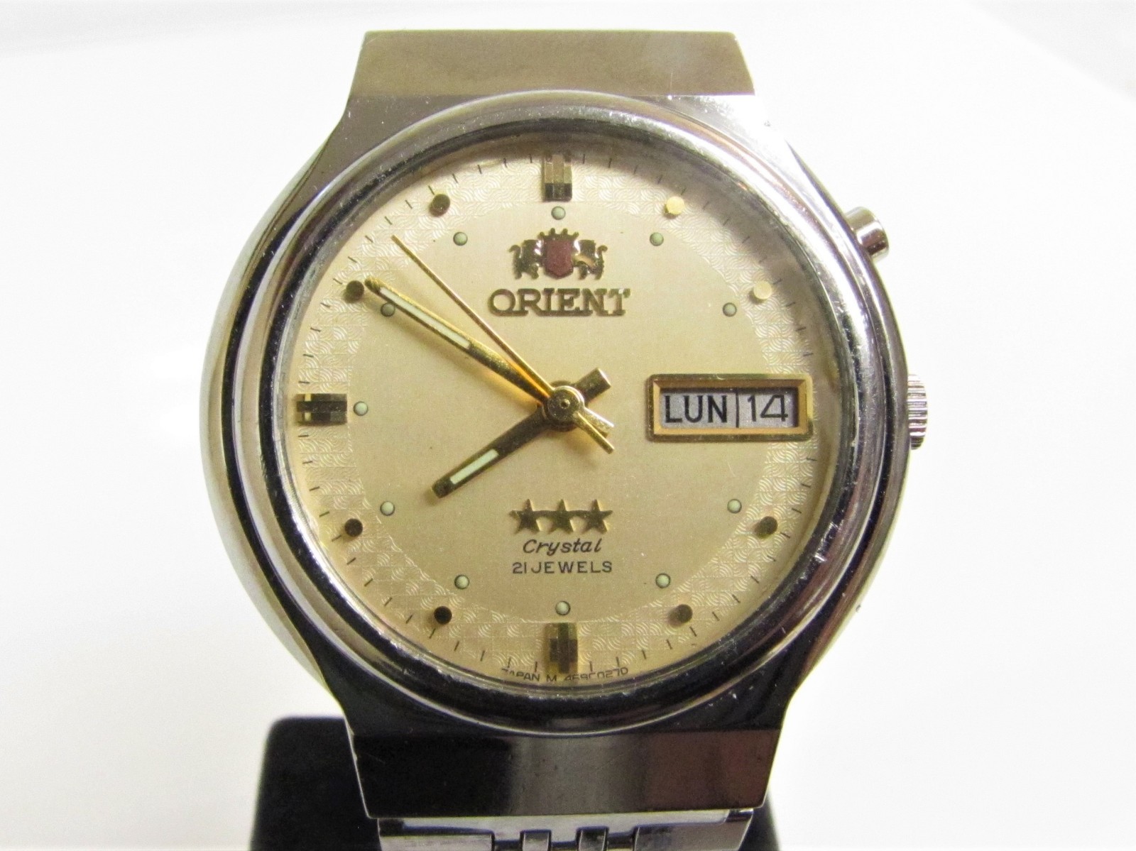 21J WATCH ORIENT S/S Day/Date CRYSTAL Men's TRI-STAR Nice! Vintage AUTOMATIC - vintagewatches.pk